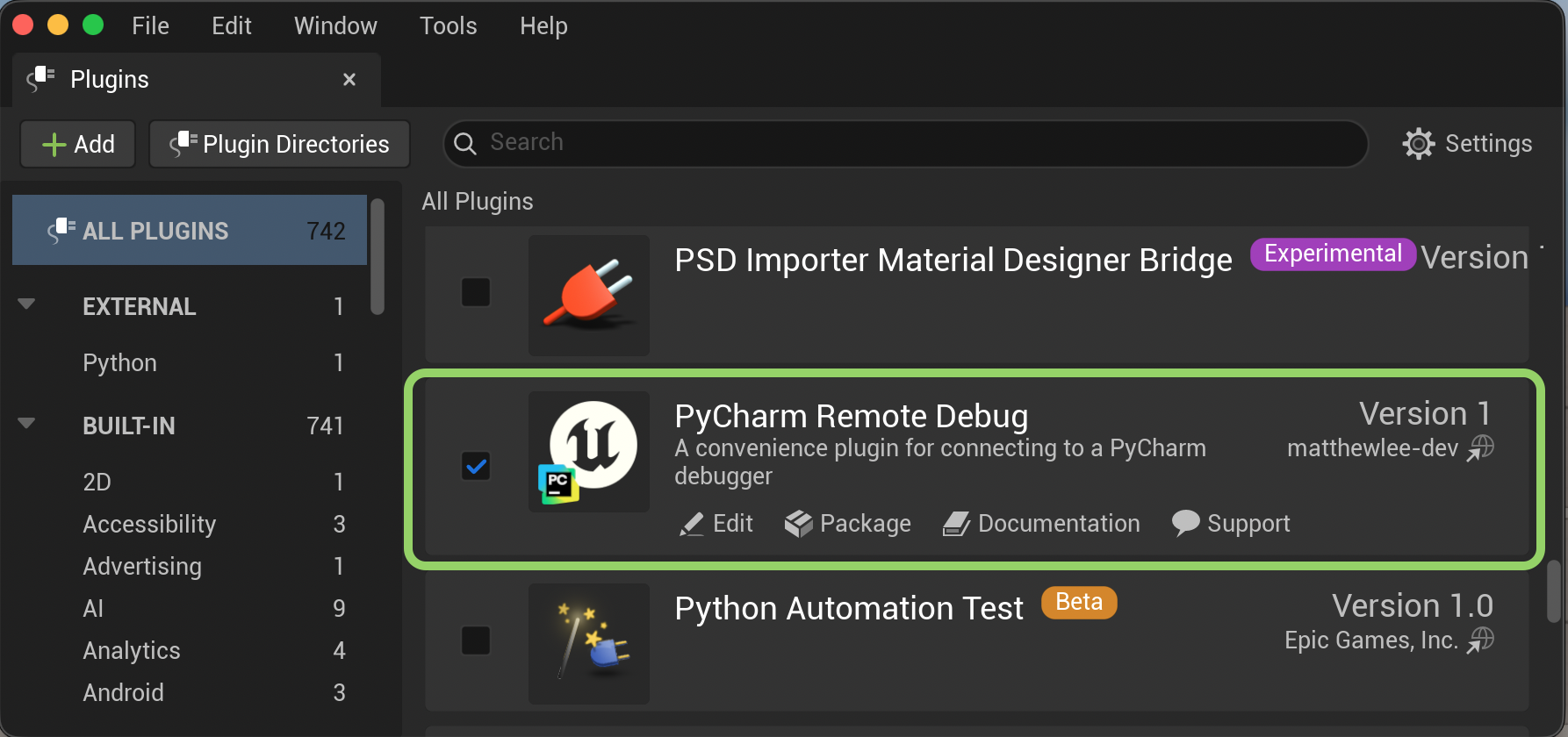 Enabling the plugin in the Unreal Plugins panel