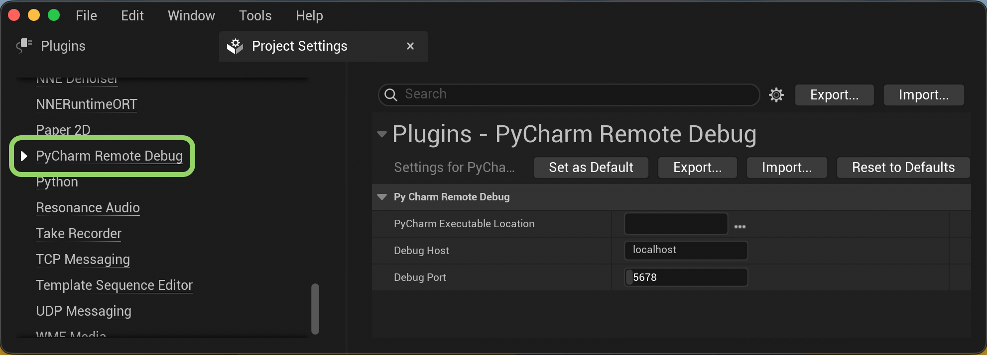 PyCharm Remote Debug entry in Project Settings' Plugins list