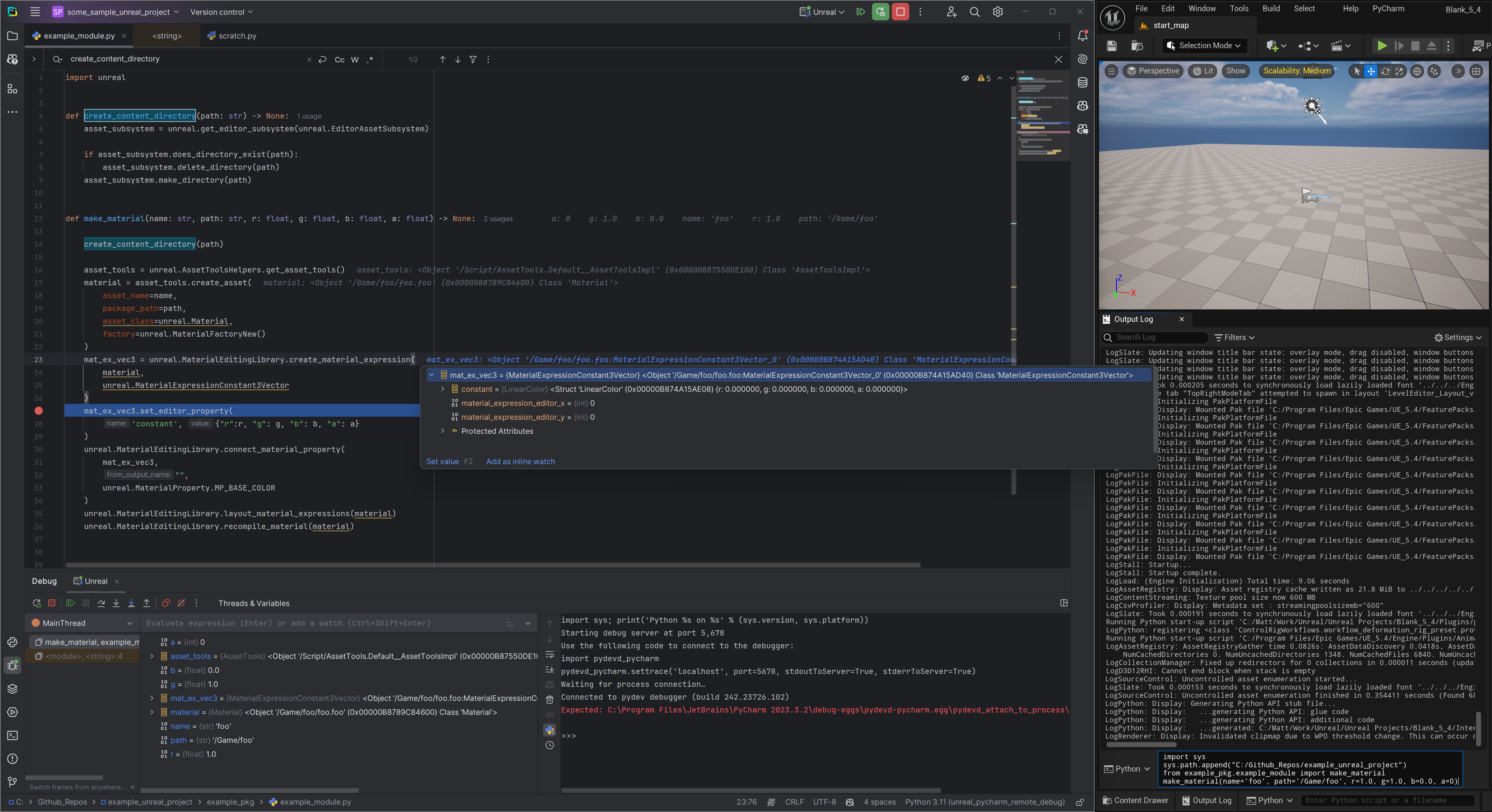 Unreal editor connected to a PyCharm debug session